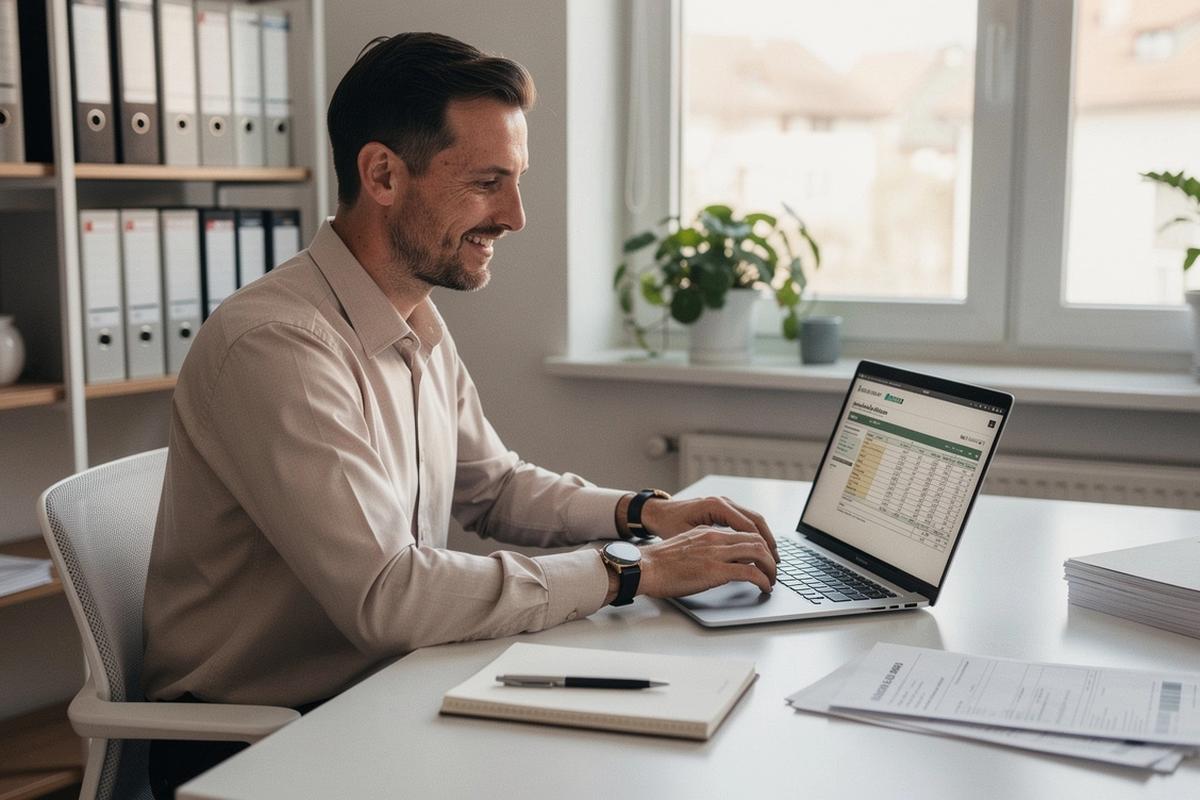 Swiss self-employed professional reviewing tax planning figures at a clean desk